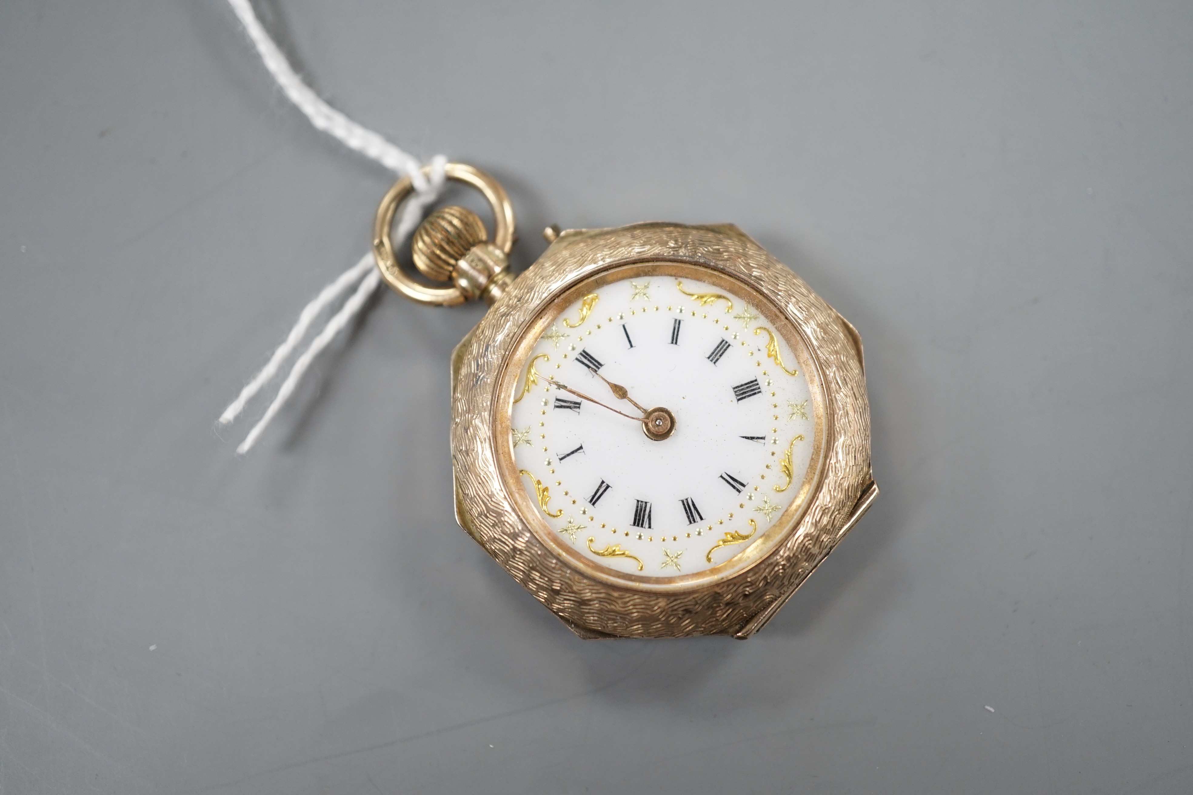 A 1920's 9ct gold and enamel octagonal fob watch, with Roman dial, case diameter 31mm, gross weight 23 grams.